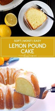 a lemon pound cake on a white plate