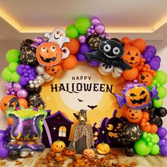 a halloween scene with pumpkins, bats and balloons