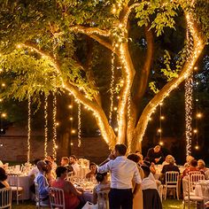 people are sitting at tables under the trees with lights strung from them and around them