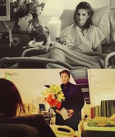 two pictures one with a woman and the other has flowers in her hand as she sits on a hospital bed