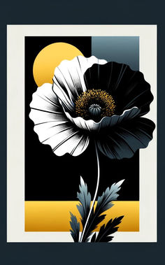 a black and white flower with yellow stripes in front of a full moon on a black background