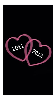 two hearts with the year 2011 and 2012 written on them in white ink against a black background