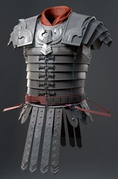 the armor is made out of metal and has red linings on its chest,