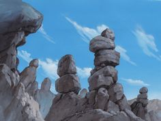 a painting of rocks in the desert under a blue sky