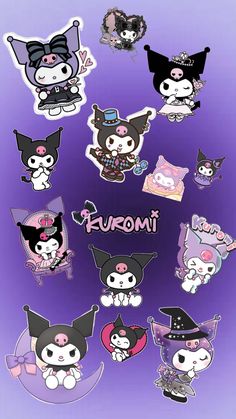 an assortment of cute stickers on a purple background with the words kuromi