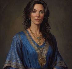 a painting of a woman wearing a blue dress and gold necklace with her hands on her hips