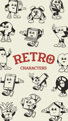 retro characters are drawn in black and white