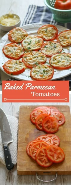 baked parmesan tomatoes on a wooden cutting board