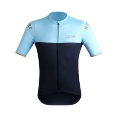 a blue and black cycling jersey with gold lettering on the chest, in front of a white background