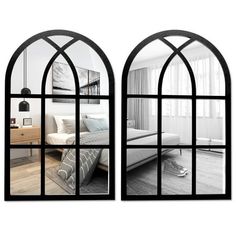 two arched windows show a bedroom with a bed and dresser