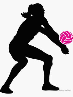 the silhouette of a woman holding a pink ball in one hand and her other arm out