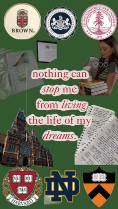 a collage with many different items and words on it, including an image of a building