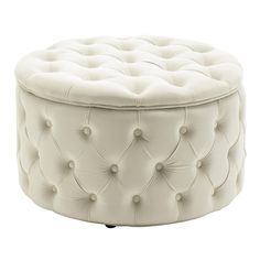 a white round ottoman with buttons on the top and buttoned up back, sitting in front of a white background