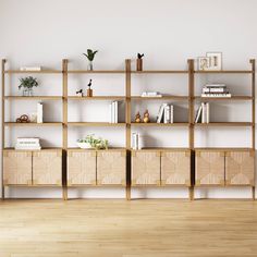 an empty room with bookshelves and plants on the shelves in front of it