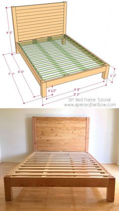 a bed frame with wooden slats and measurements