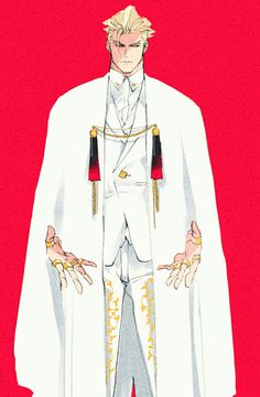 a drawing of a man in white clothes with his hands on his hips and wearing gold jewelry