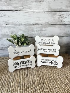 three bone shaped signs with dog sayings are sitting next to a potted plant