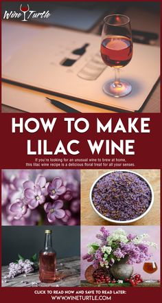 the cover of how to make lilac wine, with pictures of flowers and bottles