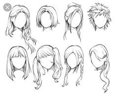 the hair reference sheet for an anime character's head, with different hairs styles