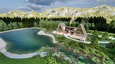 an artist's rendering of a house in the middle of a lake surrounded by mountains