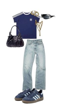 an outfit with jeans, sneakers and a handbag is shown in the image above