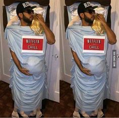 a man in a costume that looks like he's sleeping with netflix chill on his chest