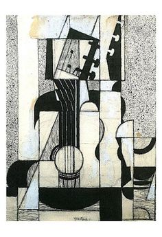 an abstract painting with black and white lines on it's sides, including a guitar