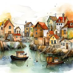 a watercolor painting of houses and boats in a harbor