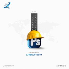 the logo for international labor day with a hard hat on it's head and a world map in the background