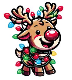 a cartoon reindeer with christmas lights on its antlers and nose is smiling at the camera