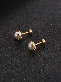 Gold  Collar  Stainless Steel   Embellished   Women Fashion Jewelry Pearl Earrings Studs Classy Gold, Gold Pearl Earrings Studs, Pearl Studs Earrings Gold, Pearl Earrings Studs Aesthetic, Pearl Studs Earrings Gold Indian, Gold Studs Earrings Indian, Faux Pearl Earrings Studs, Black Pearl Earrings Studs