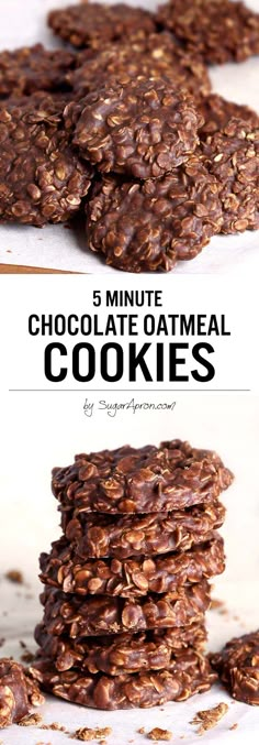 chocolate oatmeal cookies stacked on top of each other with text overlay