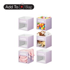 four storage bins with stuffed animals and toys in them, one for the baby