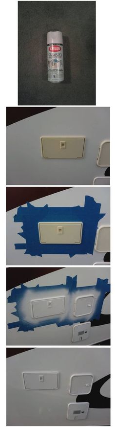 three different pictures of the same wall with blue paint on it and one has a white light switch