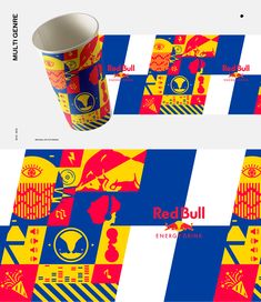 the red bull paper cup is designed to look like it's made out of different colors