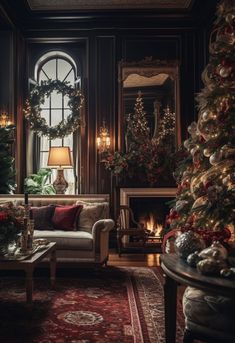 a living room filled with furniture and christmas decorations