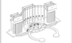 an architectural drawing of a building with two towers and a fountain in the middle of it