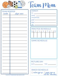 a printable soccer team roster with the words team mom in blue and white on it