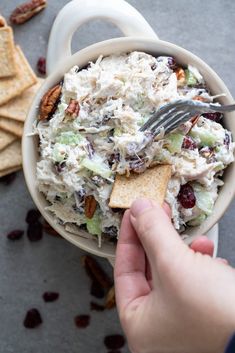 a hand holding a cracker over a bowl of chicken salad with cranberries and pecans