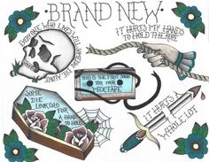 a drawing of various items with words and pictures on them that say, brand new it thirstyly hands tied to the tape