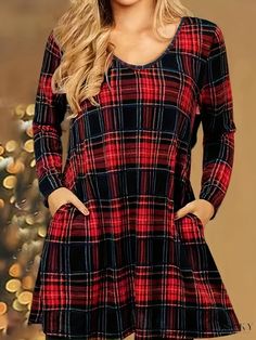 Lasaky - Womens Plus Size Plaid Print Long Sleeve V Neck Slight Stretch A-line Casual Dress Lined Flannel Shirt, Flannel Shirt Dress, Christmas Dresses, Shift Dresses, Christmas Plaid, Tartan Dress, Long Sleeve Casual Dress, Check Dress, Vestidos Vintage