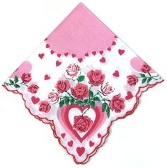 Roses and hearts abound in feminine fashion! This lovely vintage reproduction handkerchief is a sweet and thoughtful way to wrap small gifts. Make tea time special; handkerchiefs make darling tea napkins too! Time to get the sugar cubes out!  100% Batiste Cotton Approximately 13" square Handkerchief reproduction  Priced per each handkerchief  Imported Wrap Small Gifts, Tea Napkins, Roses And Hearts, Roses Valentine, February Wedding, Make Tea, Love Roses, Valentines Roses, Space Dog