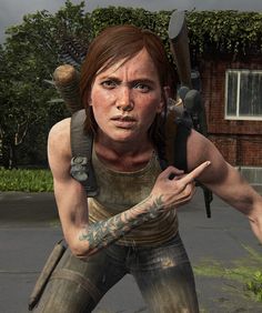 a woman with tattoos holding a knife and looking at the camera while standing in front of a house