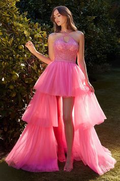 Andrea & Leo A1239 High-low tiered ruffle gown with a beaded belt and a beaded halter neck line. High Low Tulle Dress, Ruffle Skirt Long, Pink High Low Dress, Andrea And Leo, Ruffled Gown, High Low Gown, Ruffle Gown, High Low Prom Dresses, Peony Pink