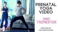 two women doing yoga poses in front of a couch with the words prenatl yoga video