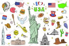 the statue of liberty surrounded by symbols from all over the world on a white background