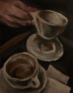 a painting of two cups and saucers on a black table cloth with a knife next to them