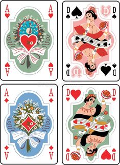 four playing cards with different designs on them