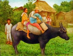 a painting of people riding on the back of a cow