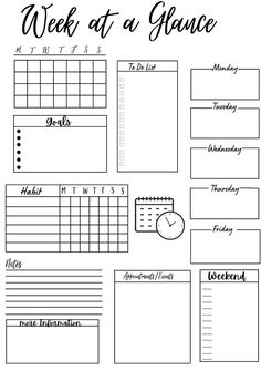 the week at a glance planner is shown in black and white, with an image of a